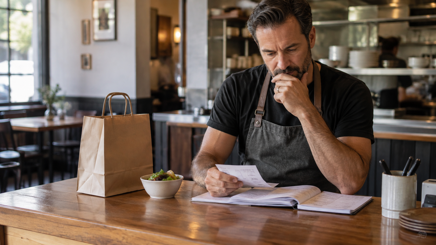 Restaurant owner reviewing a receipt beside a takeaway bag and a small side dish.