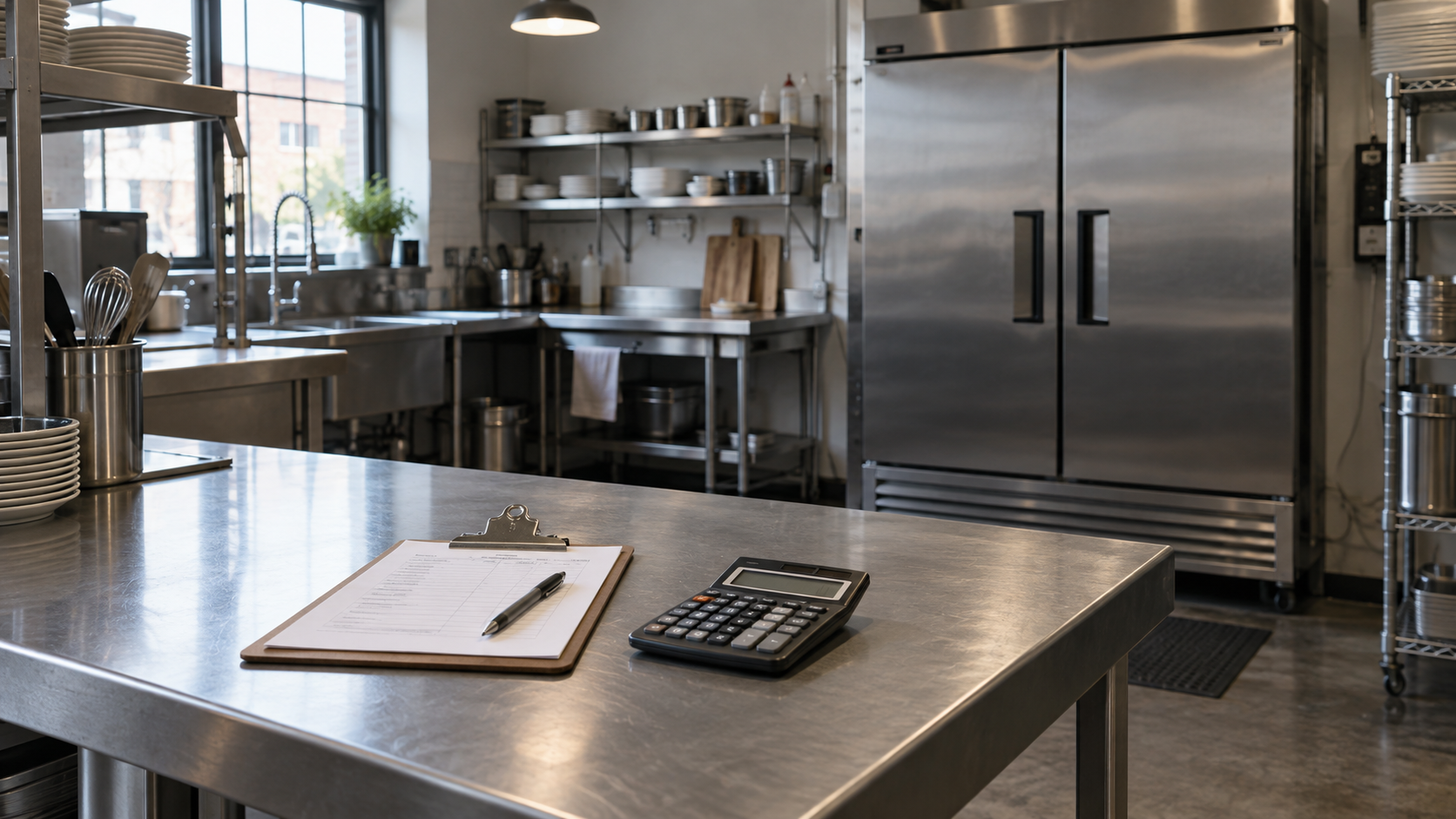An unbranded clipboard and calculator on a restaurant counter beside a closed stainless steel refrigerator.