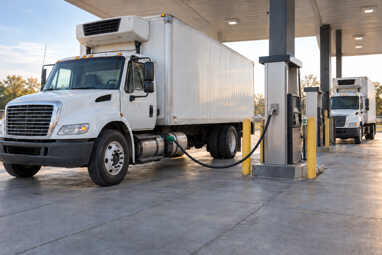Unbranded delivery trucks parked beside diesel fuel pumps.