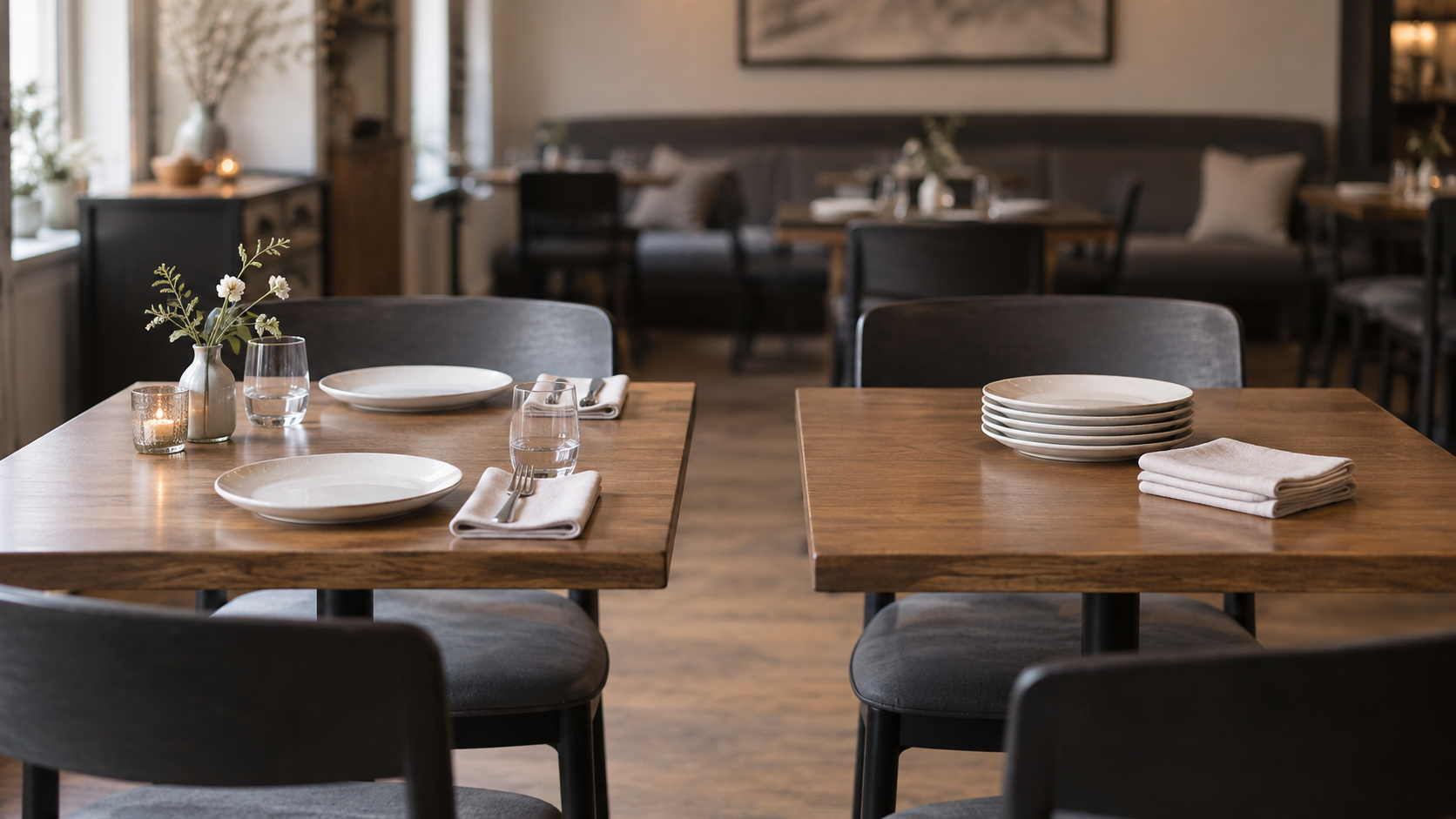 A set dining table beside a cleared table with neatly gathered place settings in a quiet restaurant.