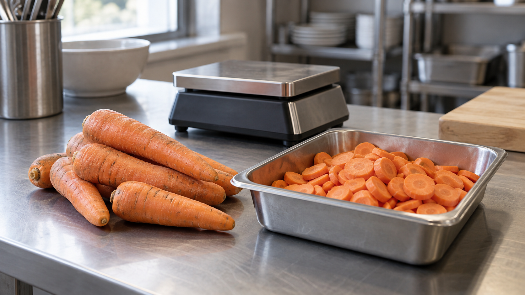 Whole carrots beside a shallow tray of sliced carrots and a kitchen scale on a restaurant prep counter.