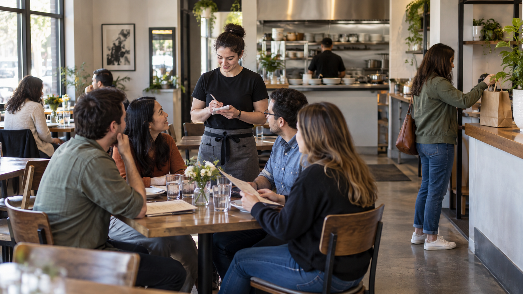 A server takes a table order while another guest collects a takeout bag in a small restaurant.