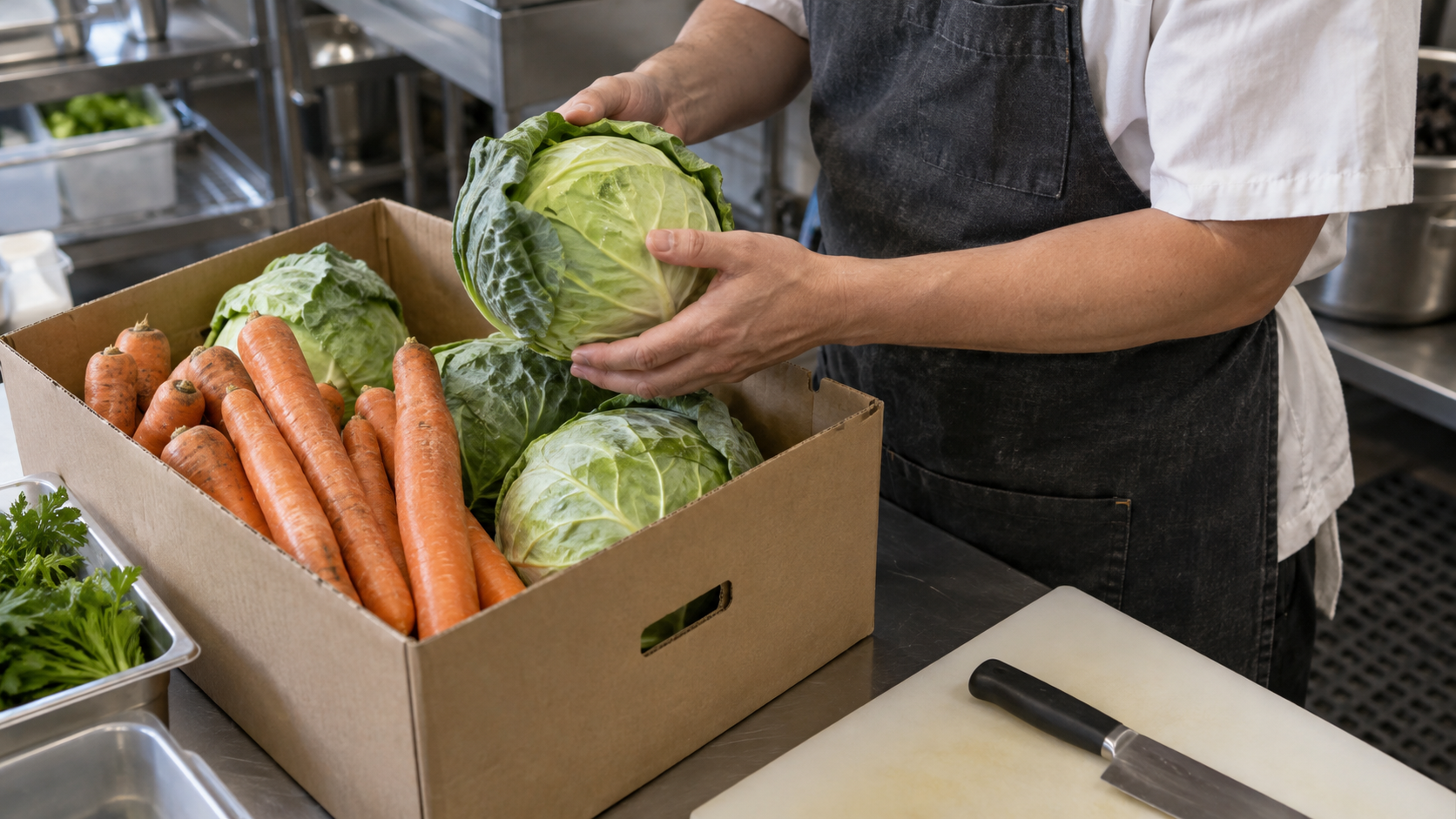 A worker inspects cabbage beside crates of fresh vegetables on a restaurant prep bench.
