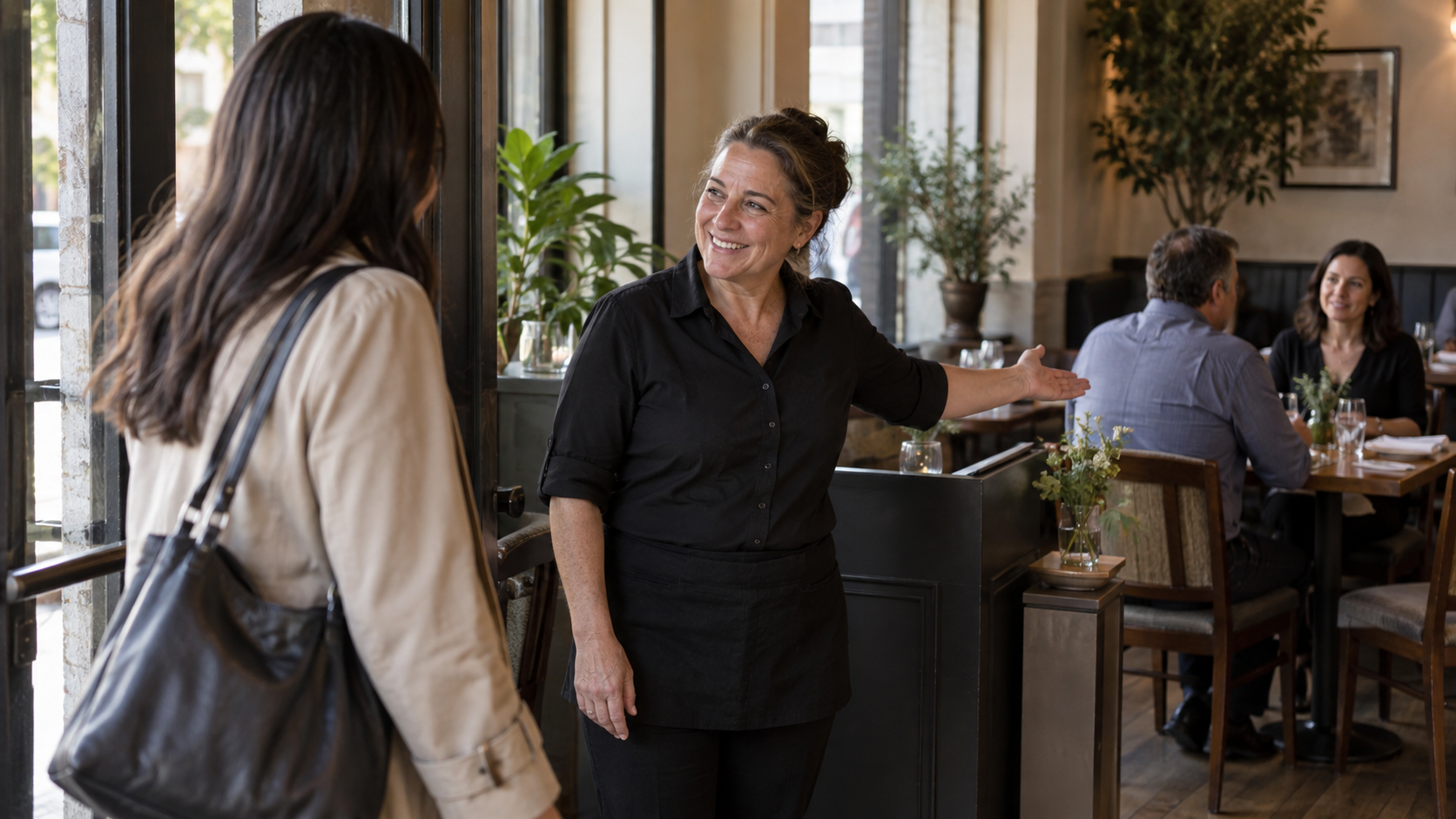 A host greets an arriving guest while two diners wait at a nearby table.