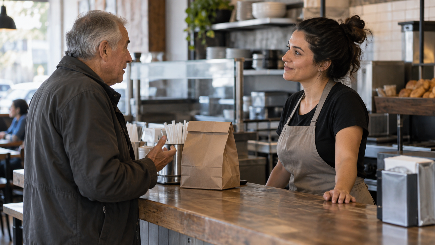 A customer places an order with an employee at a casual restaurant counter.