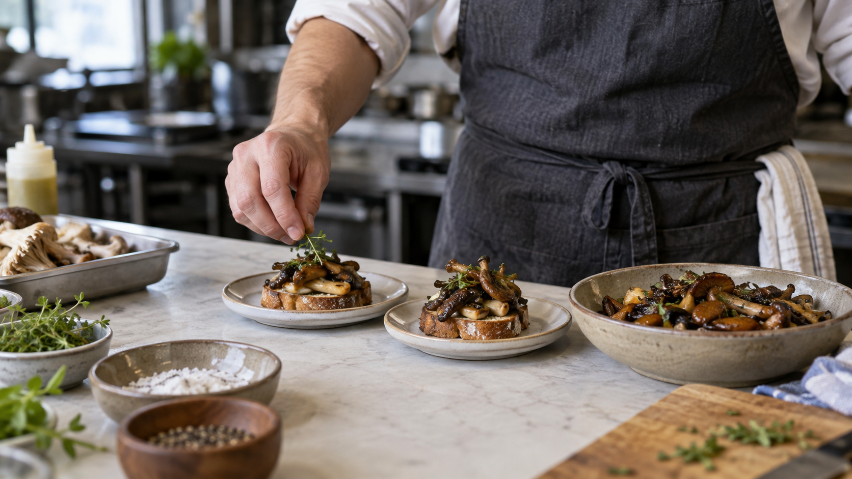 Small mushroom toast samples sit beside ingredients on a restaurant prep counter.