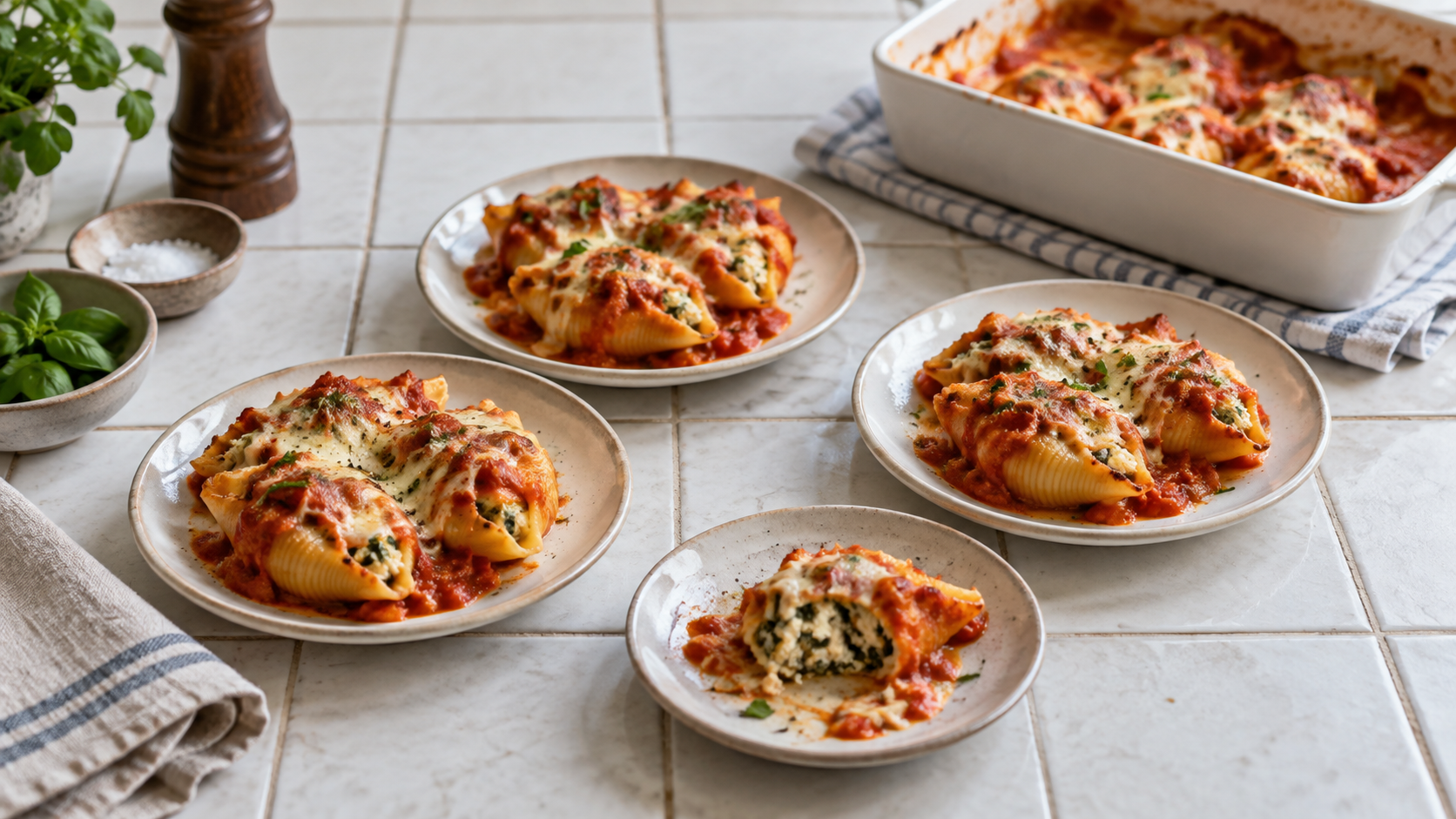 A small batch of matching pasta plates sits beside a separate tasting portion.