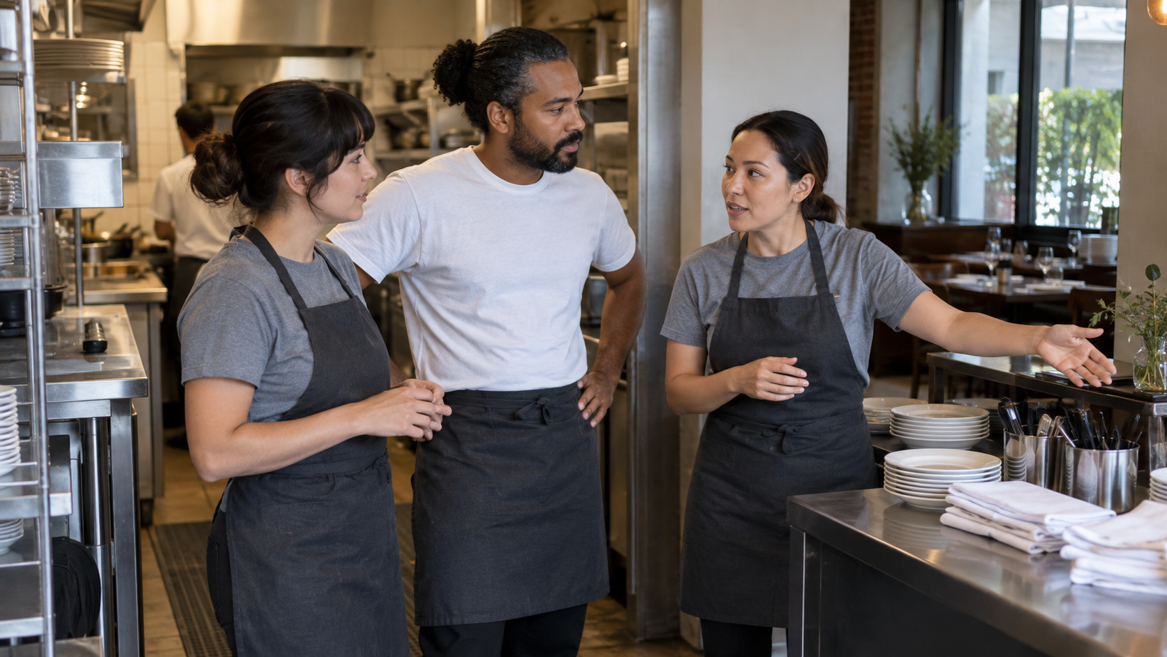 Kitchen and service staff discuss opening preparations beside a service station.