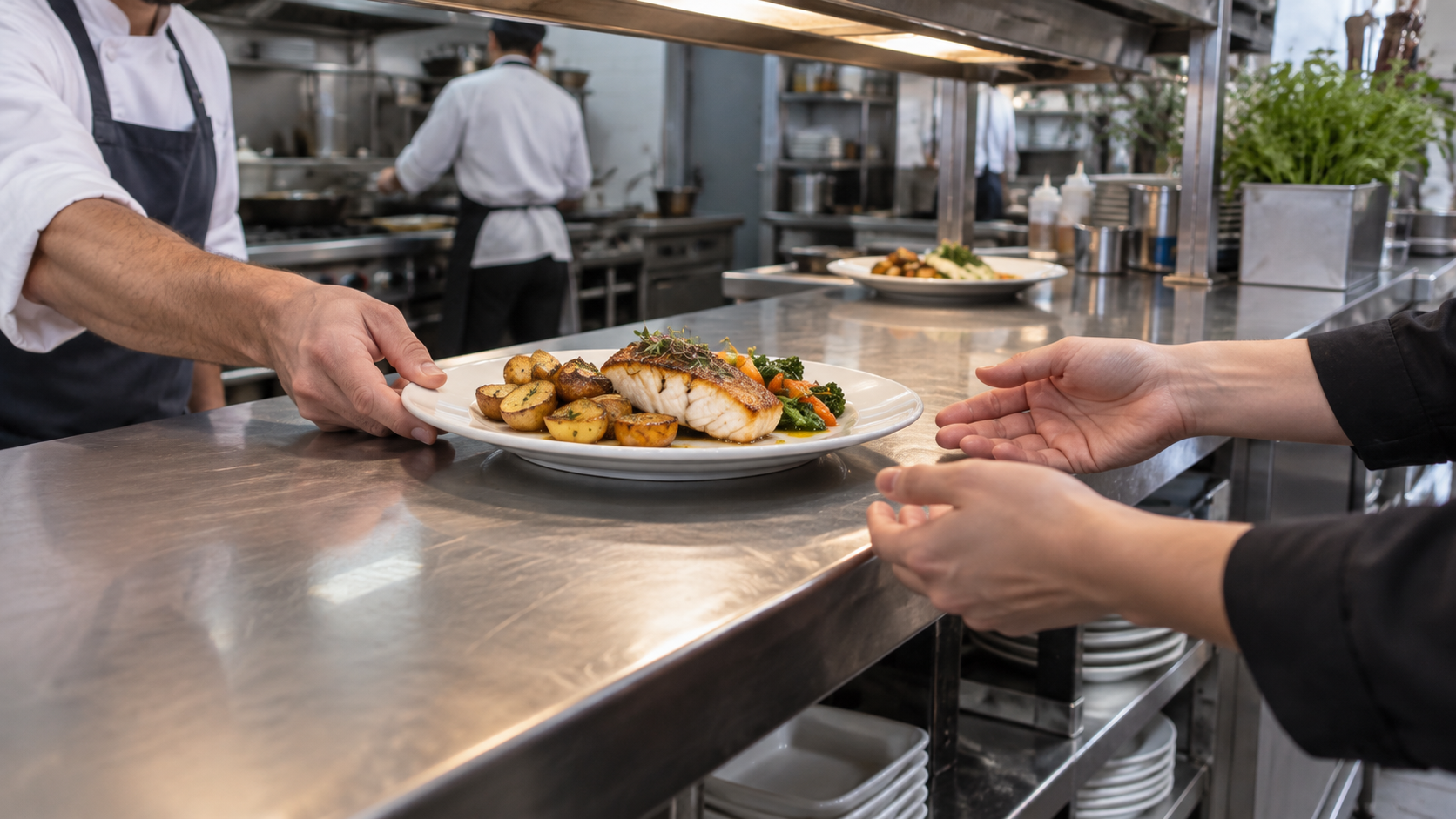 A cook slides a finished plate across the pass to a waiting server.
