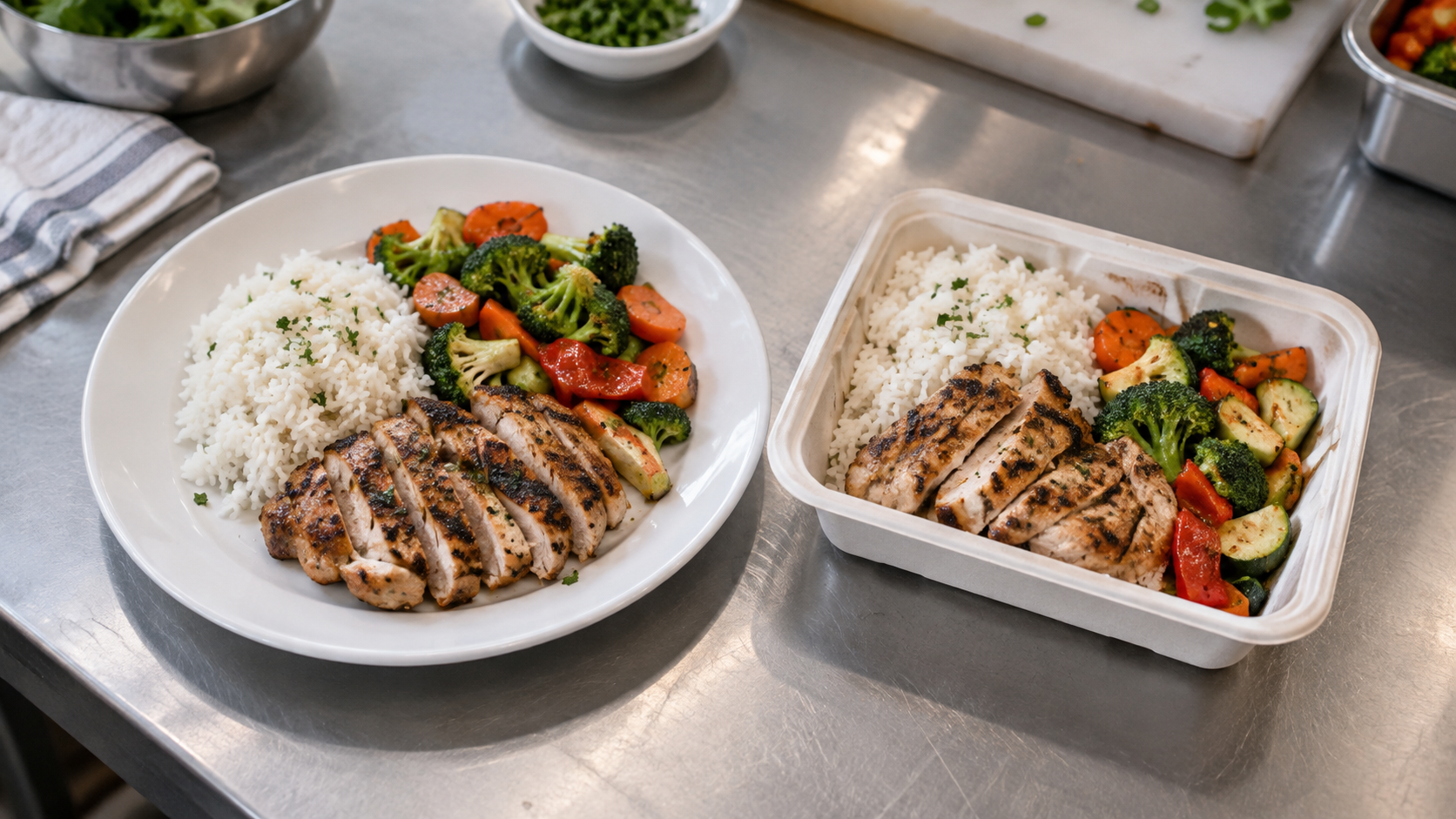 The same chicken, rice and vegetable meal is arranged on a plate and in a plain takeout container.