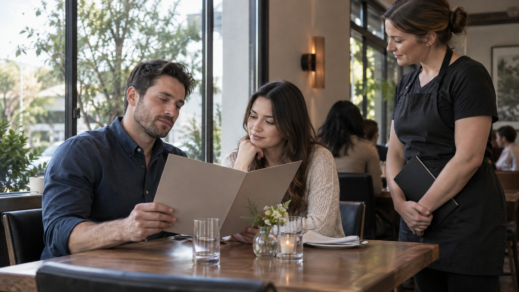 Two diners consider a menu as a server approaches their table.
