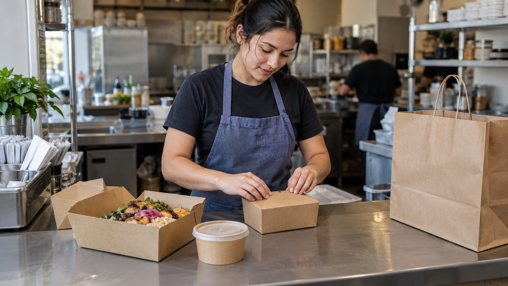 A worker packs food beside unmarked containers in several sizes at a takeout station.