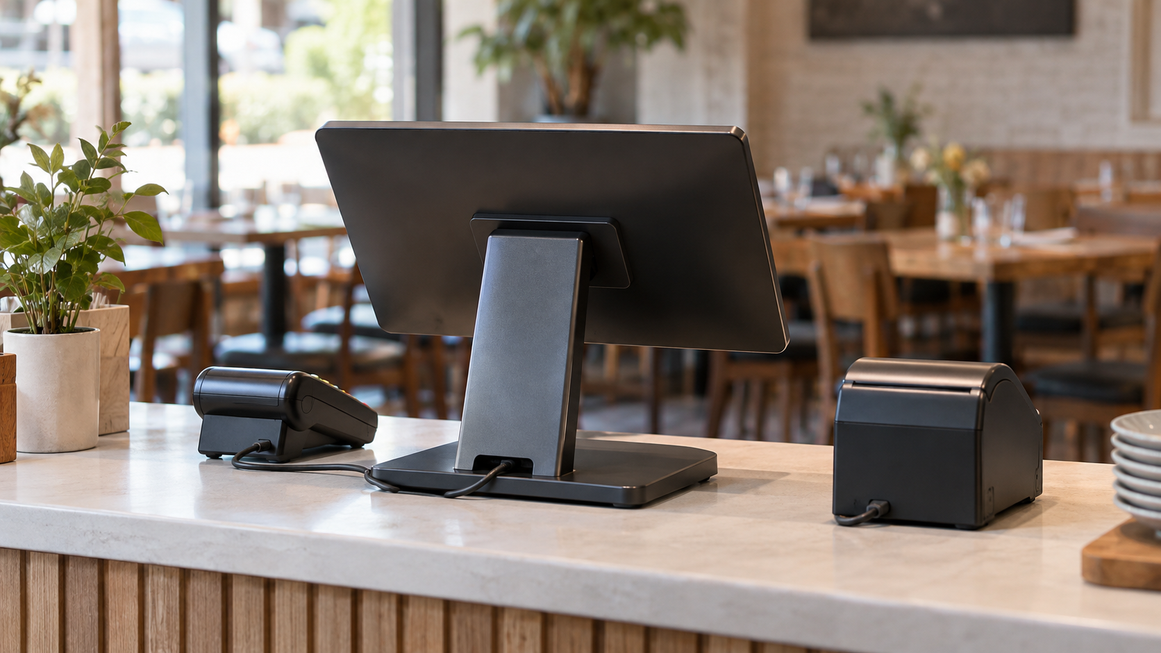 An unbranded ordering terminal, card reader and receipt printer sit on a restaurant counter.