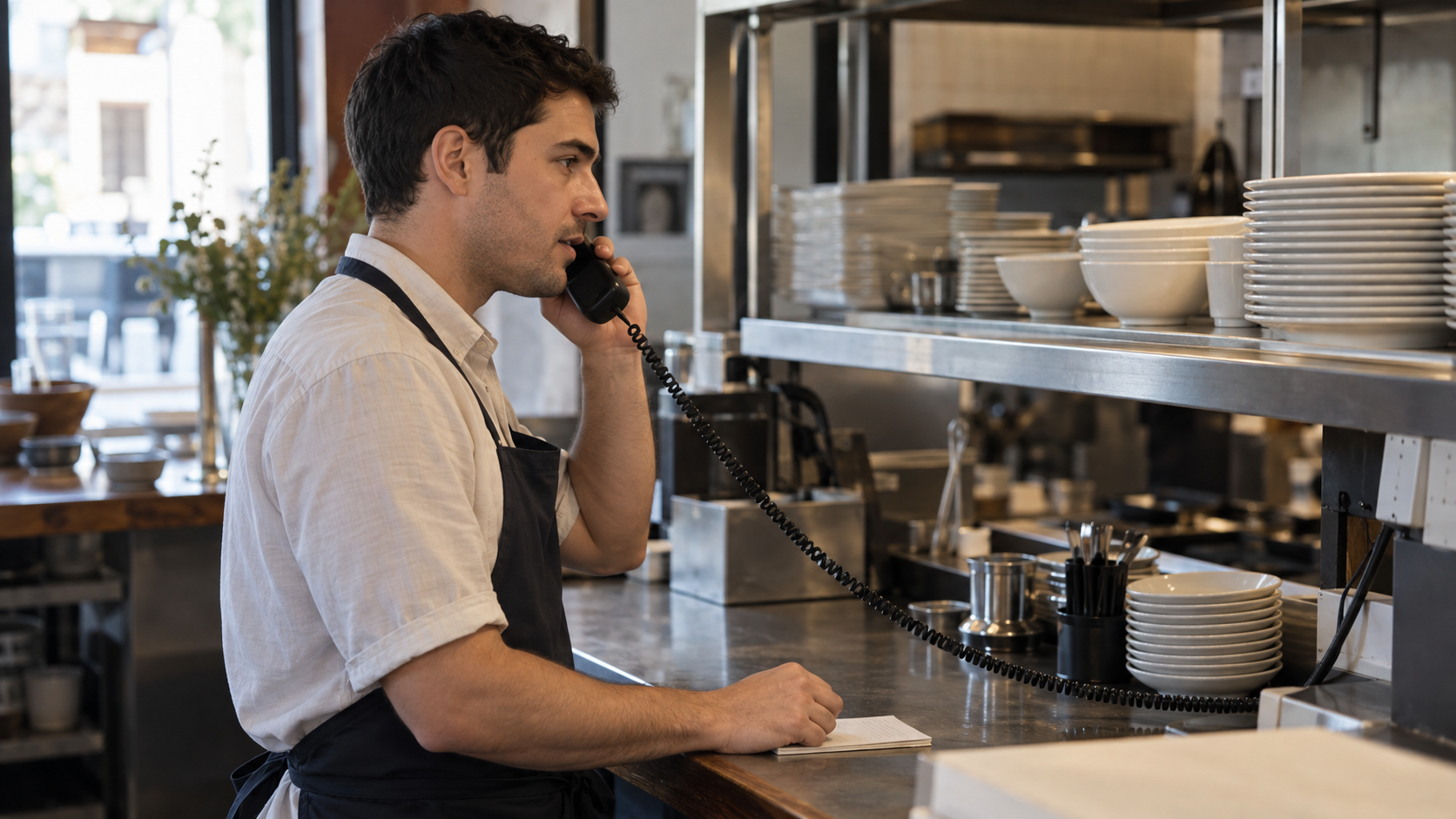 A restaurant employee answers a phone call beside an order station.