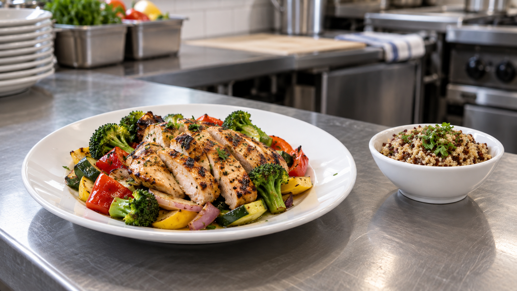 A plated chicken and vegetable dish with a separate grain add-on on a restaurant prep counter.