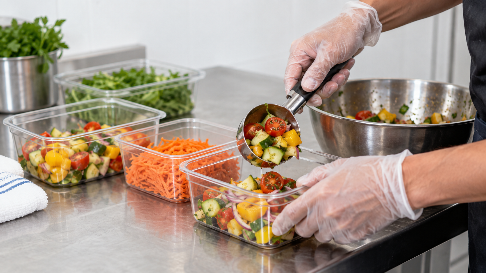 Gloved hands portioning vegetables into clear prep containers.